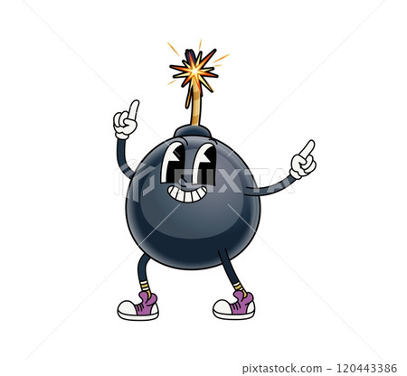 Groovy bomb character with burning wick and y2k hippie vibes. Isolated cartoon vector explosive weapon retro personage with expressive eyes and vintage sneakers, cheerfully dancing as its fuse ignites 120443386