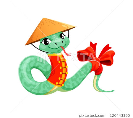 Cartoon snake character represents a playful symbol for the 2025 Chinese lunar year. Cute zodiac reptile animal with happy smiling eyes, wears traditional asian yellow conical hat, red bow and vest Cartoon snake character represents a playful symbol for the 2025 Chinese lunar year. Cute zodiac reptile animal with happy smiling eyes, wears traditional asian yellow conical hat, red bow and vest 120443390
