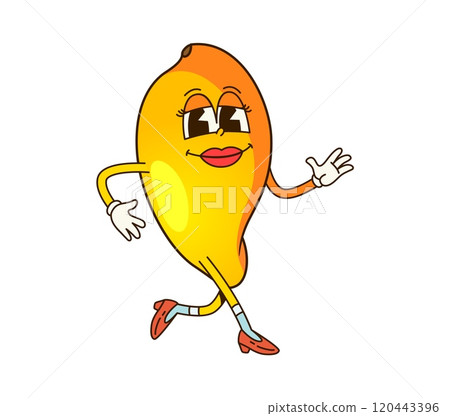 Cartoon retro groovy mango fruit character. Isolated vector cheerful, fun and playful feminine tropical fruit personage walking confidently with a happy face expression, red lips and heeled shoes 120443396
