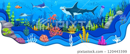 Paper cut underwater landscape with cartoon sea animal characters and seaweeds, vector background. Ocean undersea fishes in paper cut water, shark with marlin and stingray, funny octopus and clownfish Paper cut underwater landscape with cartoon sea animal characters and seaweeds, vector background. Ocean undersea fishes in paper cut water, shark with marlin and stingray, funny octopus and clownfish 120443399