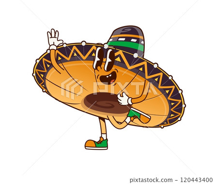 Groovy mexican sombrero hat happy character. Mexico charro cowboy wide sombrero hat funny 60s 70s isolated vector character. Hispanic culture, Mexican festival costume headwear groovy personage Groovy mexican sombrero hat happy character. Mexico charro cowboy wide sombrero hat funny 60s 70s isolated vector character. Hispanic culture, Mexican festival costume headwear groovy personage 120443400