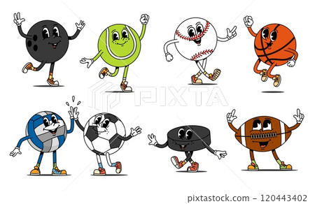 Cartoon retro groovy sport ball characters. Vector psychedelic basketball, volleyball, tennis, soccer or football, baseball, rugby, bowling balls and ice hockey puck. Groovy team sport item characters 120443402