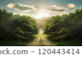 Morning misty mountain road scenery 120443414