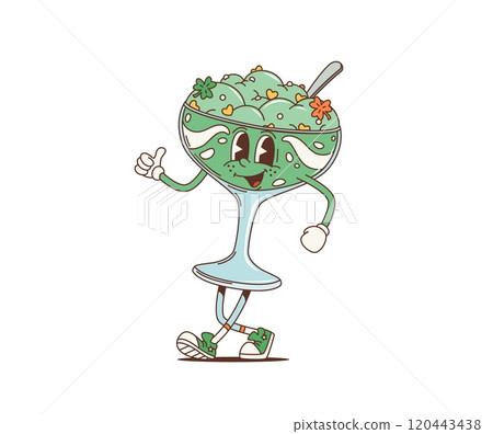 Cartoon retro groovy green ice cream dessert character, saint patrick day holiday sweet personage. Isolated vector glass cup with soft icecream and clover sprinkles for Irish holiday celebration 120443438