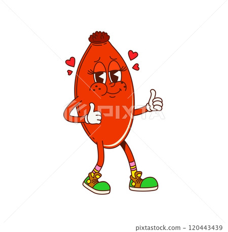 Cartoon groovy rosehip fruit character. Isolated vector berry with thumbs-up surrounded by hearts. Lovable retro rose hip personage with a friendly smile, exuding a sense of love, affection and charm Cartoon groovy rosehip fruit character. Isolated vector berry with thumbs-up surrounded by hearts. Lovable retro rose hip personage with a friendly smile, exuding a sense of love, affection and charm 120443439