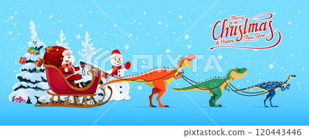 Cartoon Santa sleigh with dinosaurs whimsical festive Holiday scene. Santa Claus riding in a sleigh pulled by playful dino animals at snowy winter background with a snowman and pine tree 120443446