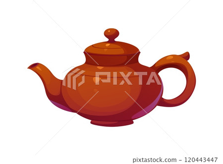 Classic brown Chinese clay teapot for lunar new year holiday ceremony, traditionally used for brewing tea. Isolated vector kettle with round body, curved handle, and spout, showcasing Asian elegance 120443447