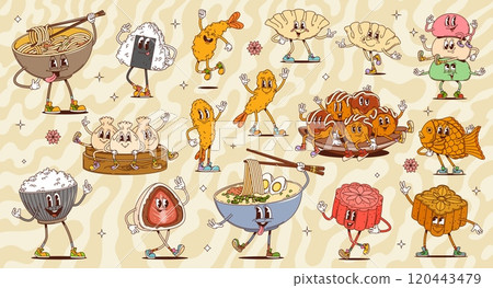 Retro groovy asian cuisine characters of chinese, japanese, korean desserts and food. Cartoon groovy rice and noodle bowls, ramen soup and fish cake vector dishes. Funny octopus balls, shrimp tempura 120443479