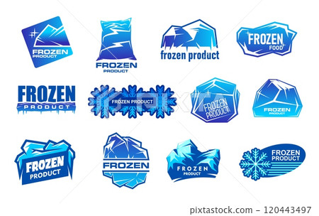 Frozen product icons with vector ice crystals and cubes, snowflakes, glacier and icicles. Frozen product, keep cold food and drinks packaging labels set. Blue ice blocks and frost chunks isolated tags 120443497