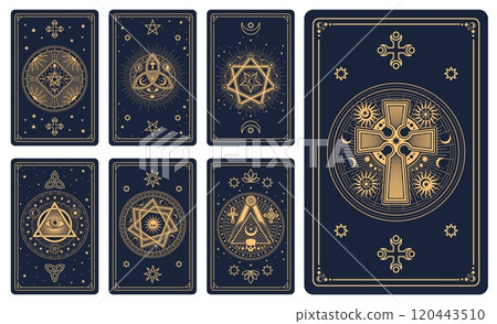 Magic occult Tarot cards with esoteric signs and mystic symbols, vector reverse decks. Tarot cards design with sun, moon and star, pentacle pentagram with skull, mason pyramid with eye and ankh cross Magic occult Tarot cards with esoteric signs and mystic symbols, vector reverse decks. Tarot cards design with sun, moon and star, pentacle pentagram with skull, mason pyramid with eye and ankh cross 120443510