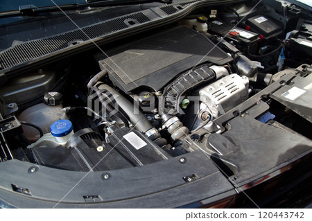 General check is done on the engine section of the car. Car maintenance and repair works, vehicle service section General check is done on the engine section of the car. Car maintenance and repair works, vehicle service section 120443742