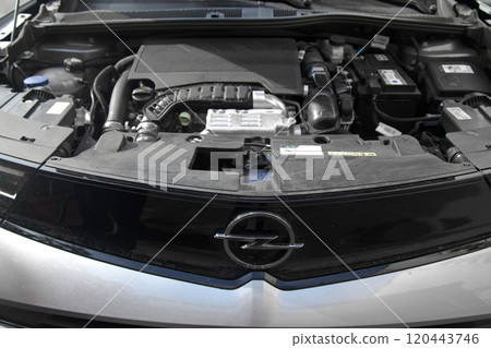 General check is done on the engine section of the car. Opel car maintenance and repair works, vehicle service section 120443746