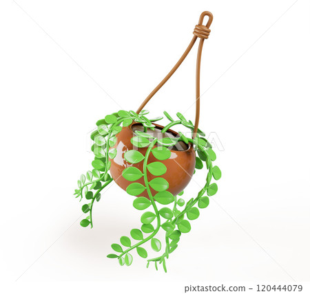 3d hanging plant in flower pot isolated render icon. Green climbing branches with leaf in brown flowerpot on rope, creeper vegetation for home interior, garden landscaping in summer. 3D illustration 120444079