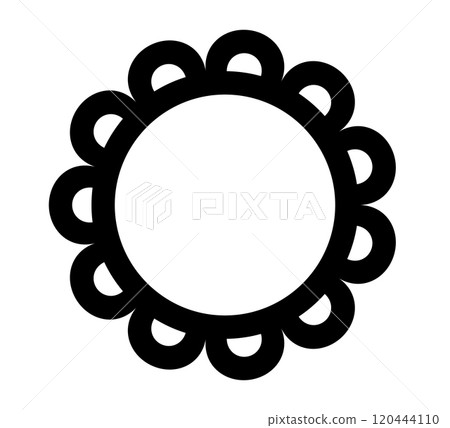 Scalloped edge circle frame. Simple round scalloped border. Fabric lace pattern frame. Repeat cute vintage frill ornament. Texture ribbon. Vector illustration isolated on white background. 120444110