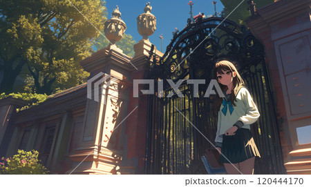 A girl in a school uniform and a western-style gate 120444170