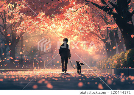 Silhouette of a person walking a dog along a row of cherry blossom trees 120444171