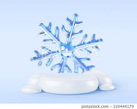 3d white snow podium with glass snowflake on winter background render. Snowdrift pedestal platform with blue ice crystal, stage for product display, christmas discount, new year sale. 3D illustration 3d white snow podium with glass snowflake on winter background render. Snowdrift pedestal platform with blue ice crystal, stage for product display, christmas discount, new year sale. 3D illustration 120444179