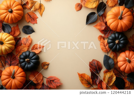 Autumn frame with pumpkins and leaves on beige background with copy space 120444218