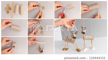 Christmas DIY reindeer puppet tutorial collage with cardboard tubes and bottle caps. Step-by-step assembly process for holiday project. Perfect for educational guide or seasonal craft instruction 120444332