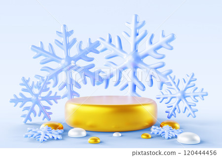 3d gold podium with blue snowflakes on winter wall background render. Luxury golden metal scene with ice crystals for product display, christmas discount, new year sale, holiday gift. 3D illustration 120444456