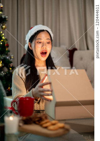 A cheerful, excited Asian woman is surprised by her Christmas present, opens it in the living room. 120444611