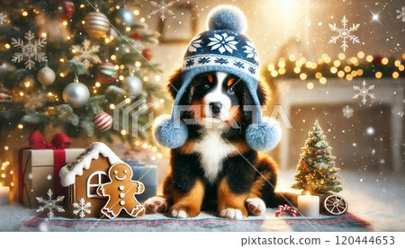伯恩山犬坐在聖誕樹旁微笑 120444653