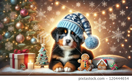 閃閃發光的聖誕樹和伯恩山犬 120444654