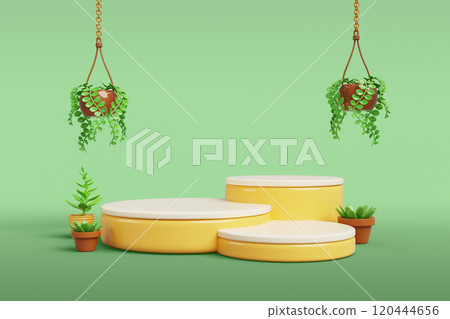 3d yellow cylinder step podium with hanging plant in flower pot on green garden background render. Summer scene in studio room interior with climbing houseplant for product display. 3D illustration 120444656