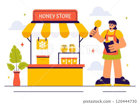 Honey Store Vector Illustration Featuring Natural Products Such as Jars of Honey, Bees, and Honeycombs for Consumption in a Flat Style Background Honey Store Vector Illustration Featuring Natural Products Such as Jars of Honey, Bees, and Honeycombs for Consumption in a Flat Style Background 120444730