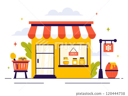 Honey Store Vector Illustration Featuring Natural Products Such as Jars of Honey, Bees, and Honeycombs for Consumption in a Flat Style Background 120444738