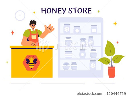 Honey Store Vector Illustration Featuring Natural Products Such as Jars of Honey, Bees, and Honeycombs for Consumption in a Flat Style Background 120444739