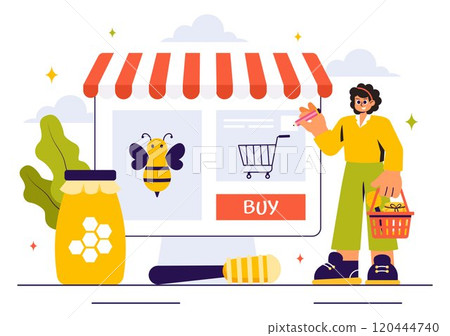 Honey Store Vector Illustration Featuring Natural Products Such as Jars of Honey, Bees, and Honeycombs for Consumption in a Flat Style Background 120444740