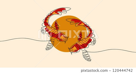 Continuous line drawing of koi carp fish. Minimalist color linear sketch isolated on light background. Hand drawn vector illustration. 120444742