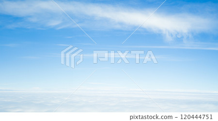 Sky Cloud Background Window Plane View Air White blue Cloudy High Clear Sunny Landscape Space Beautiful Cumulus Light sun Day Fluffy Scene Landscape Wind Bright Nature Spring Freedom Pattern Summer. 120444751