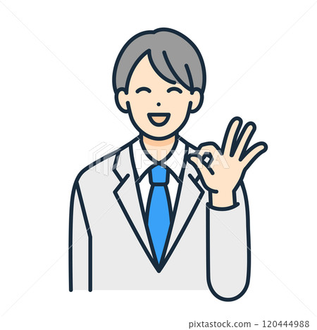 一個男孩微笑著用手做了一個「OK」的手勢。向量圖的一個穿制服的男人。 120444988