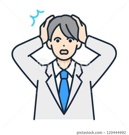 Illustration of a boy in uniform holding his head. Vector image of a panicked student. 120444992