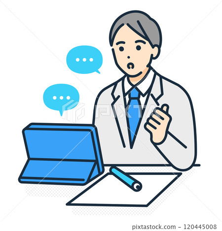 一名高中生坐在課桌前學習。一個男孩在平板電腦上在線上課的向量插圖。 120445008