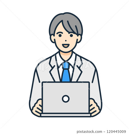 一名高中生在他的房間裡使用電腦學習。一個男孩使用網路學習的插圖。 120445009