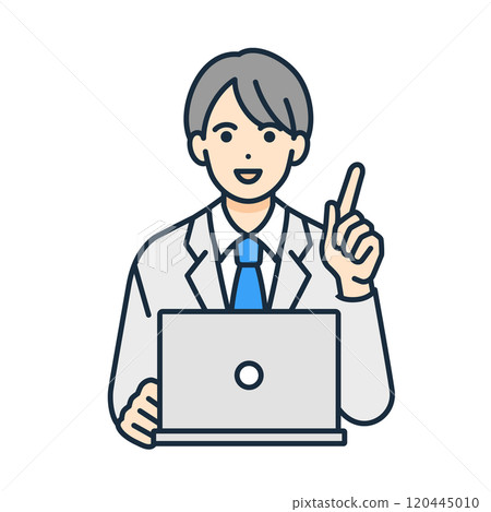 一個男孩指著。一名高中男孩在學校使用筆記型電腦學習的向量材料。 120445010