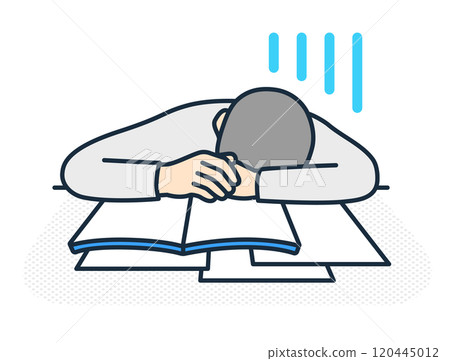 一個厭倦了學習的男孩。一個跟不上課堂進度的學生。一個成熟的高中男孩的插圖。 120445012