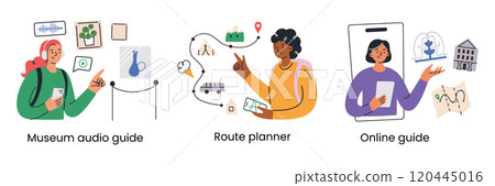 Set of traveling vector illustrations, museum audio guides, route planners, and online travel guides. Flat cartoon style with travelers and digital tools for tourism navigation and sightseeing 120445016