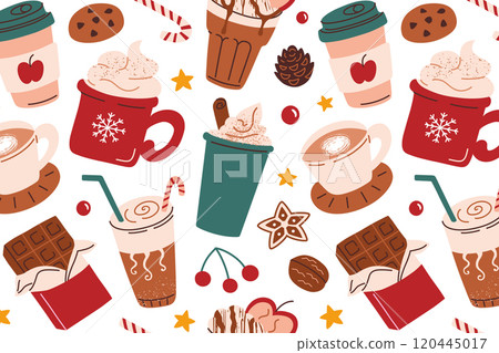 Winter drinks pattern. Vector illustration in flat cartoon style. Coffee cups, cocoa, hot chocolate doodle, and seasonal desserts. Perfect for Christmas, winter holidays and cozy themed designs 120445017