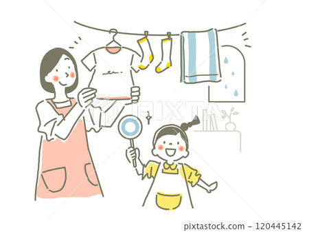 A mother and a girl hanging out laundry together - A stylish and cute hand-drawn illustration 120445142