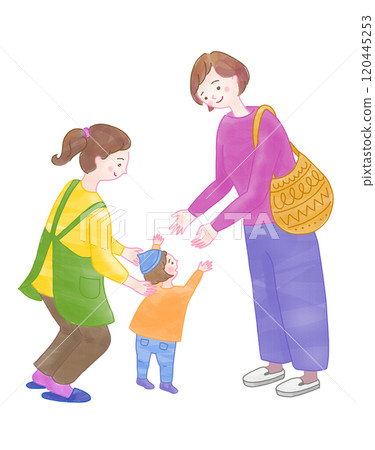 A mother, her child and the kindergarten teacher who came to pick up their child from kindergarten A mother, her child and the kindergarten teacher who came to pick up their child from kindergarten 120445253