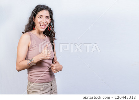 Happy smiling woman with thumbs up doing ok. Happy girl with thumbs up on isolated background, Smiling woman showing ok gesture isolated 120445318
