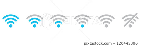 A collection of Wi-Fi icons representing various signal strengths and connection statuses. 120445390