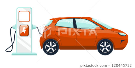 Red electric car and charging station 120445732