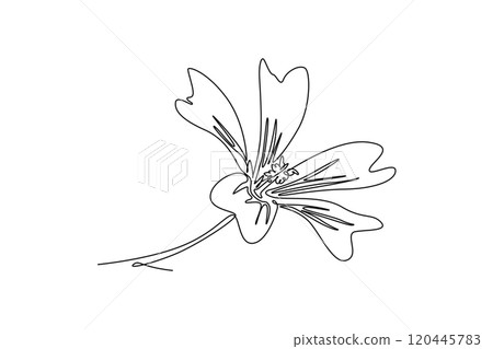 Continuous one line drawing beauty fresh purple mallow for garden logo. Printable decorative malva sylvestris flower for home decor wall art poster. Single line draw design vector graphic illustration 120445783