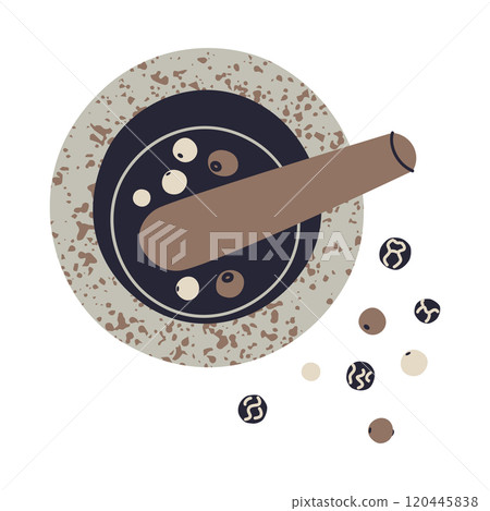 Vector illustration of modern granite mortar and pestle with peppercorns and crushed black pepper. Kitchen utensil doodle, cooking theme, and spice preparation in flat cartoon style 120445838