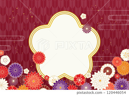 Japanese flower and Japanese pattern illustration frame Vector Background material New Year's gift Year-end gift Red background 120446054